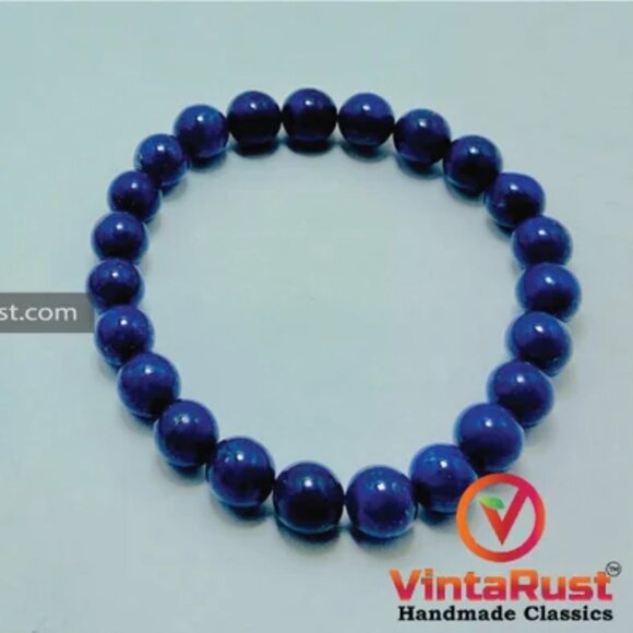 Single Lapis Lazuli Beaded Bracelet: Vintage Ethnic Gemstone Jewelry - Picture 3 of 7